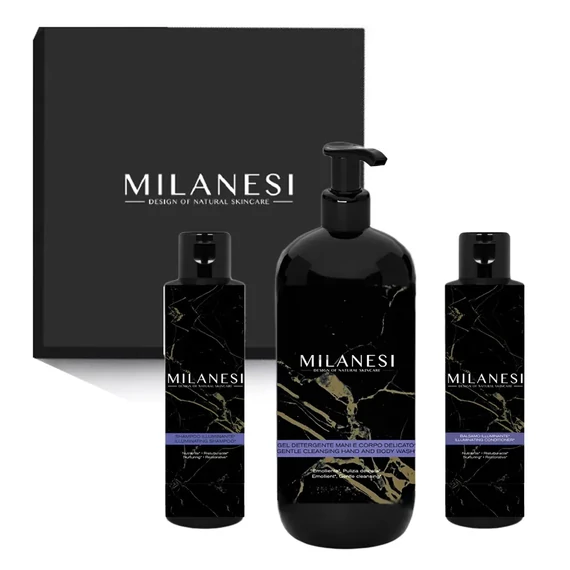 KIT26 - Brera regeneráló fürdőszett (tusfürdő 500ml, utazó sampon 100ml és utazó balzsam 100ml) díszdobozban - Milanesi Hungary